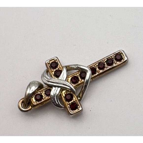 Vintage Faux Garnet Cross Pendant Gold Tone with Silver Tone Heart Design - Picture 5 of 6